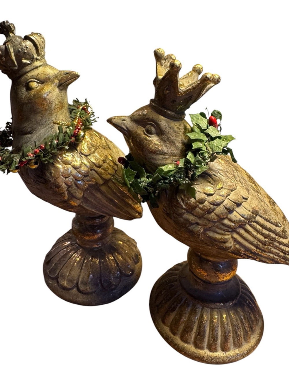 Set of 2 Regal Gilt Crowned Bird Figurines with Holly Garlands (removable)